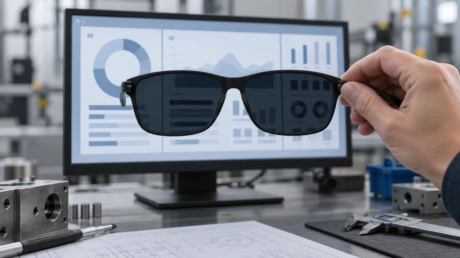 Illustrative engineering bench test with a generic industrial display and polarized sunglasses held in front of the screen
