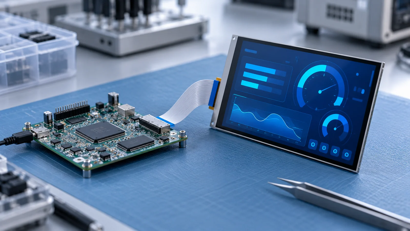 Illustrative development board connected to a TFT display on an engineering bench