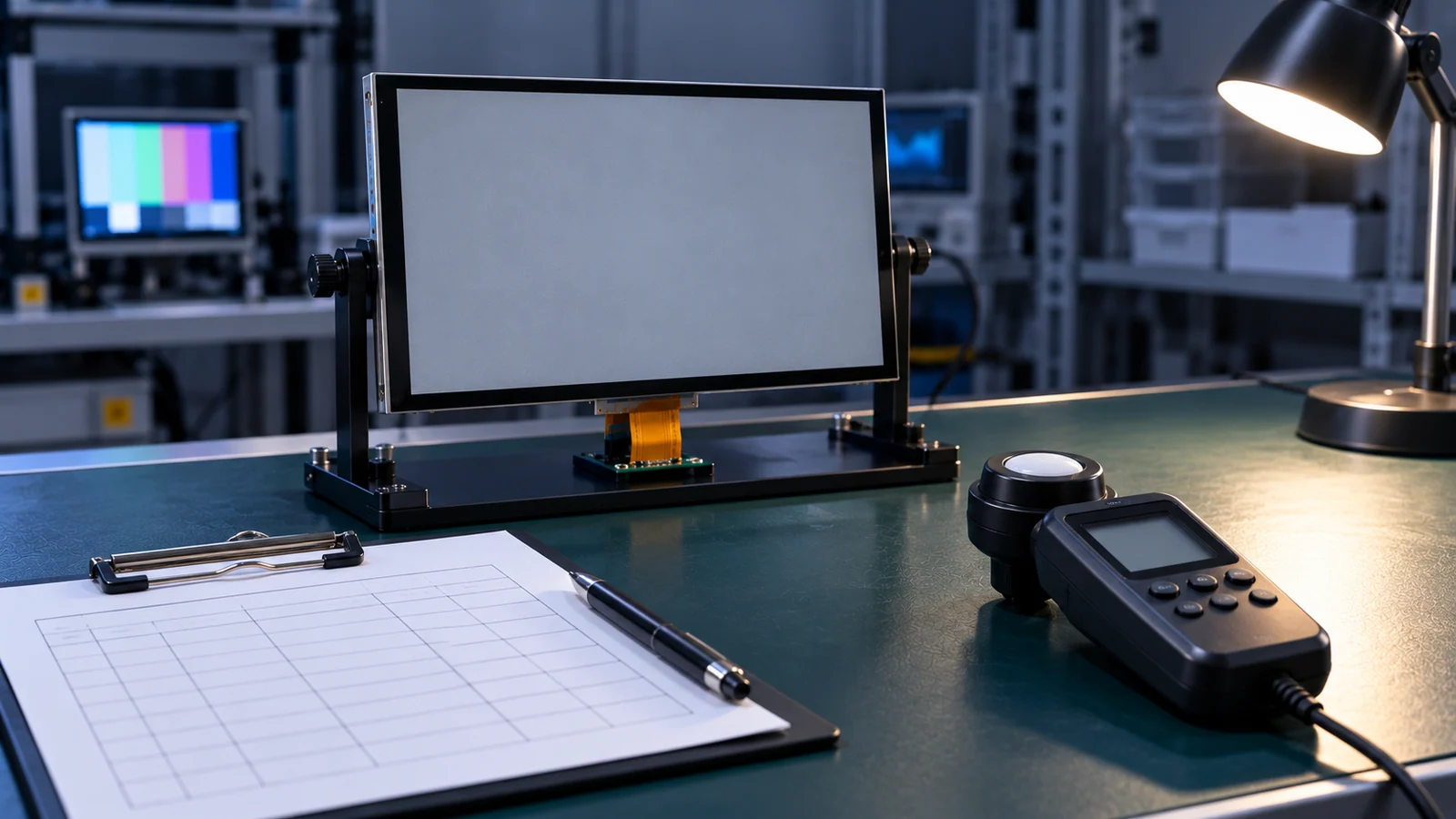 Illustrative gray-screen HMI test bench with an optical meter and a blank record form