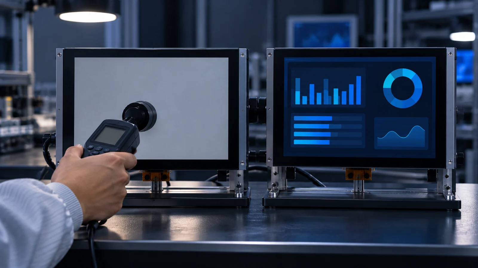 Illustrative comparison of two displays with a handheld optical meter; no measured result is shown