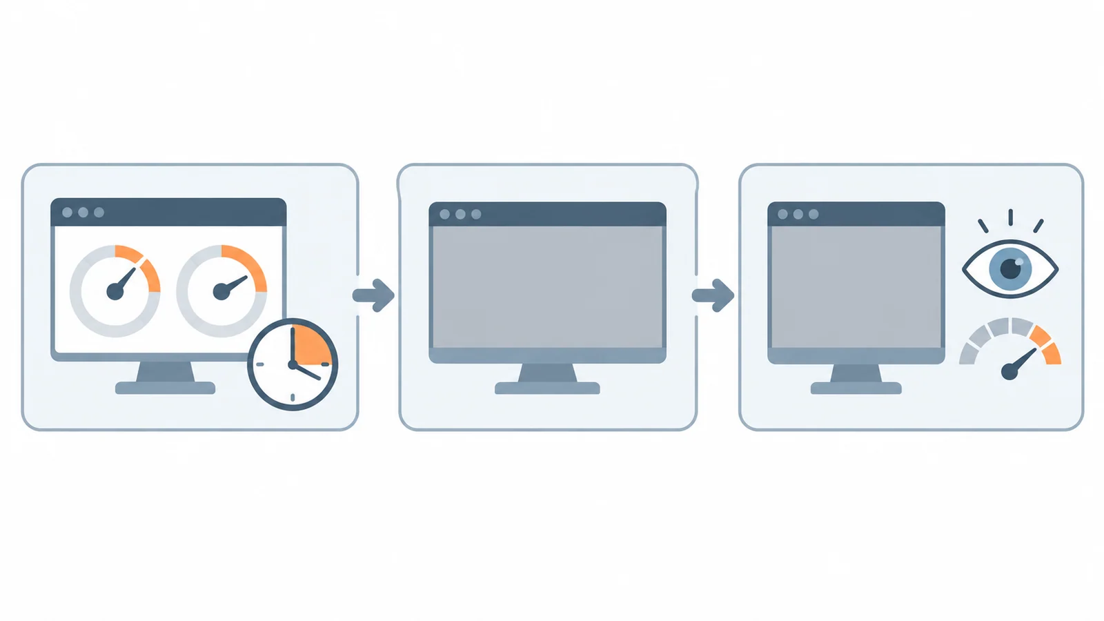 Three-step diagram: a static interface image displayed during a dwell period, a switch to a uniform gray test image, and an observation step with an eye and a meter icon
