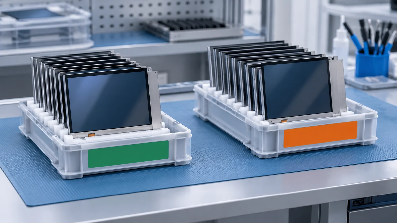 Illustrative separate display-module trays with green and orange color panels for version segregation