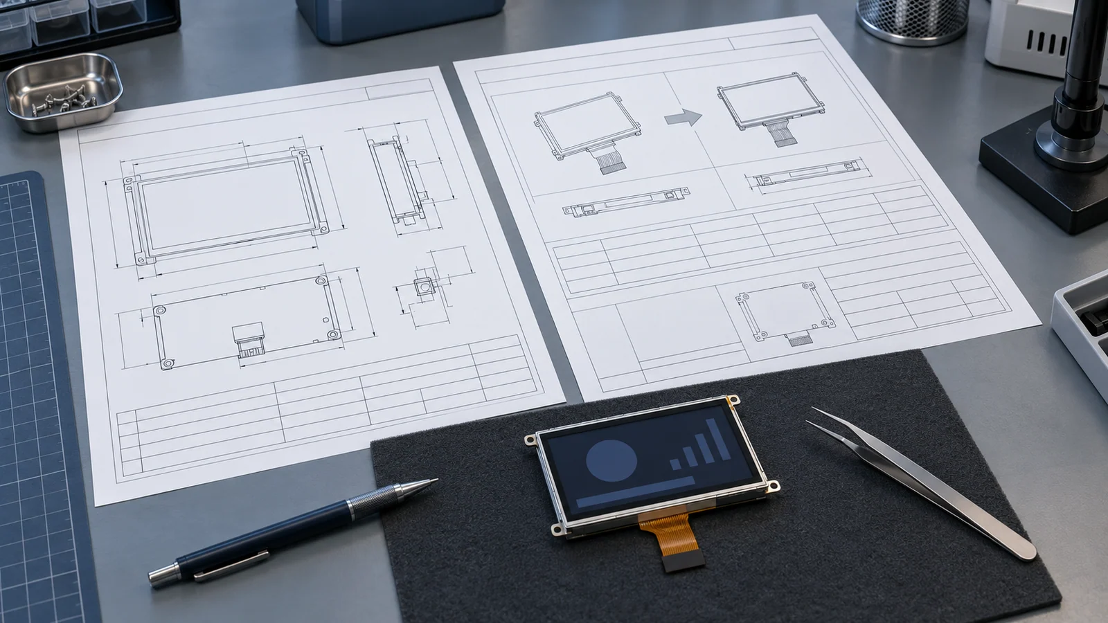 Illustrative display module beside reference drawings for a revision review