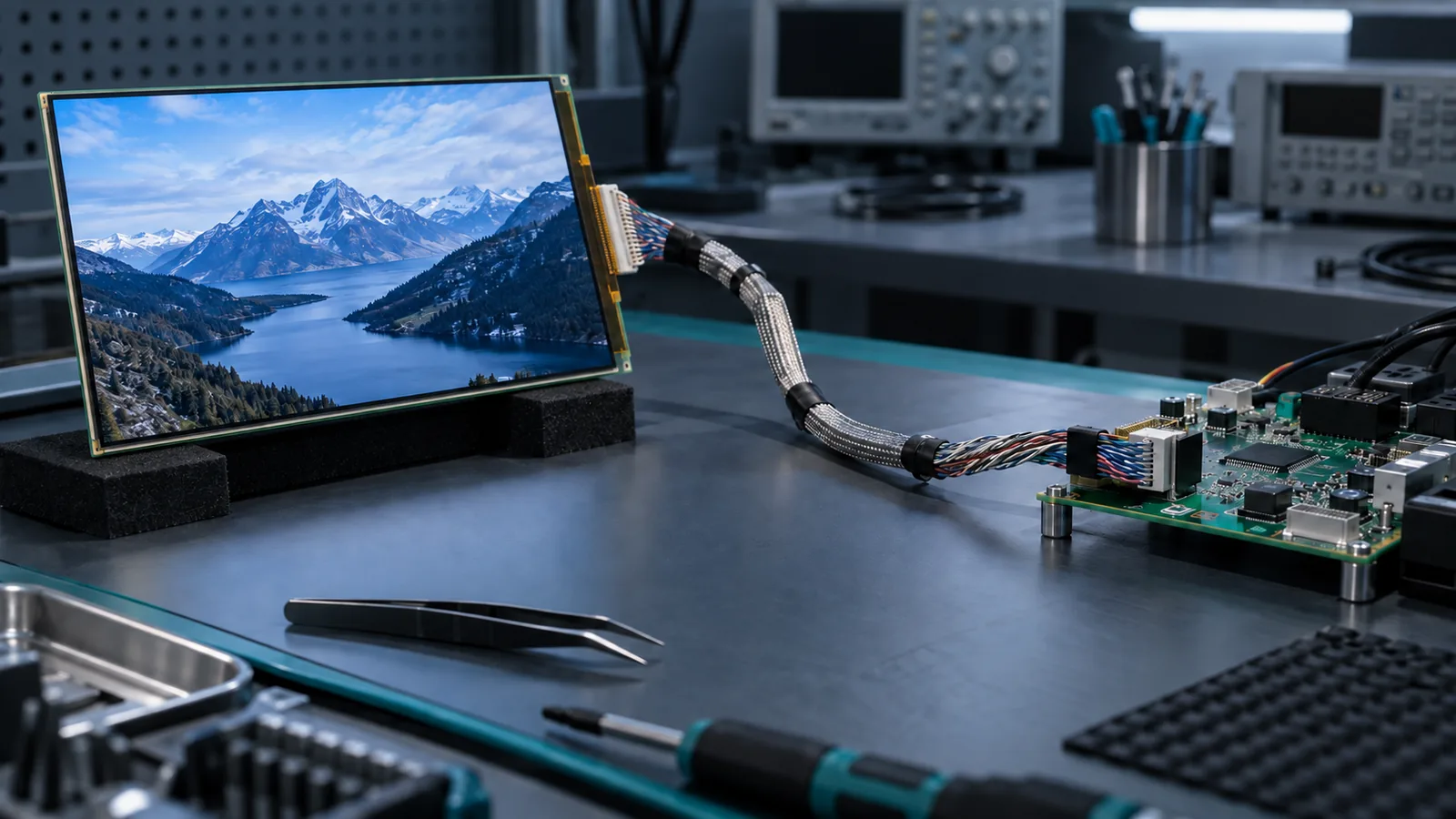 Conceptual industrial TFT LCD connected to a controller board by an LVDS cable