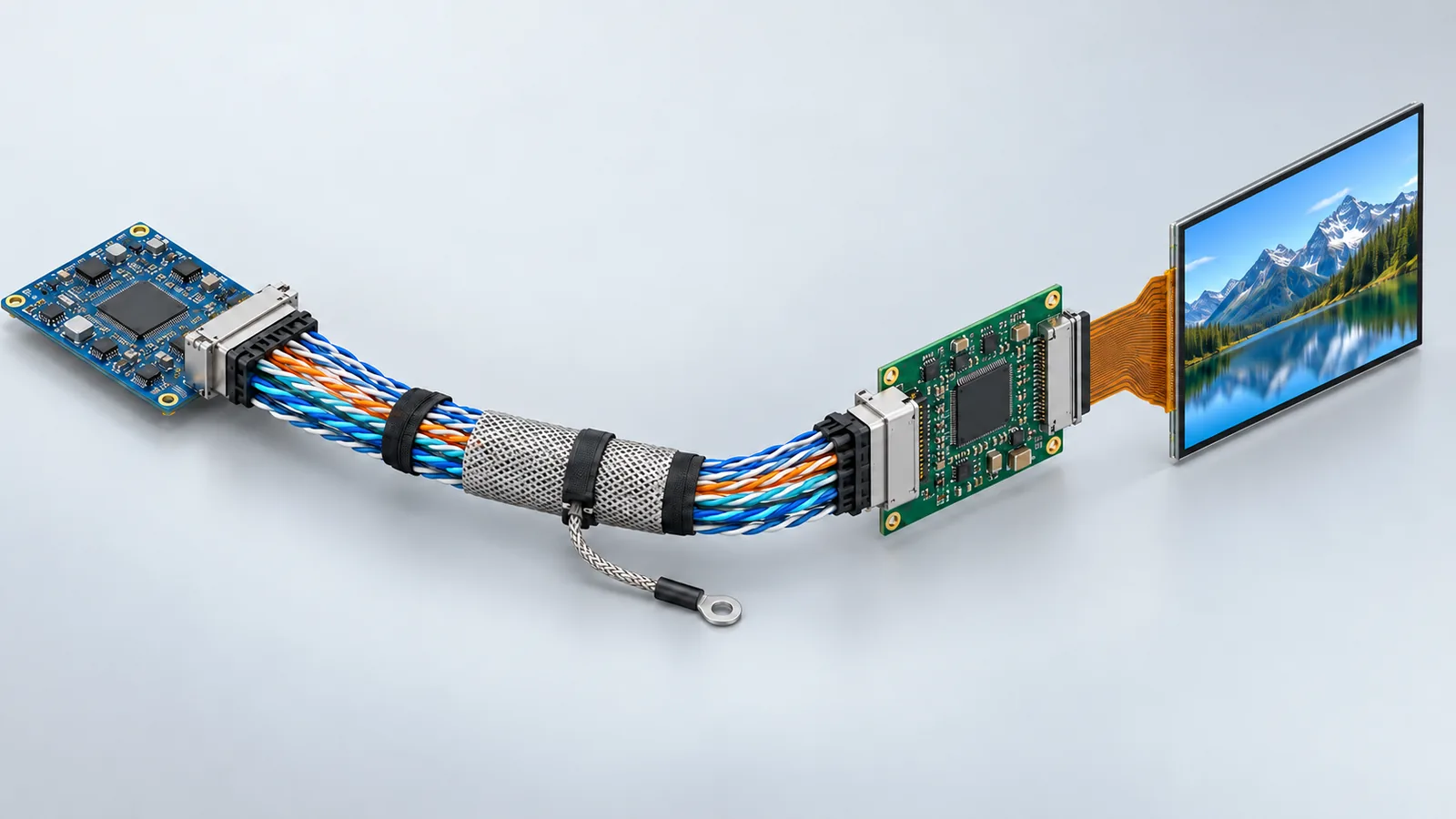 Conceptual shielded twisted-pair LVDS harness between a host board and TFT LCD receiver board
