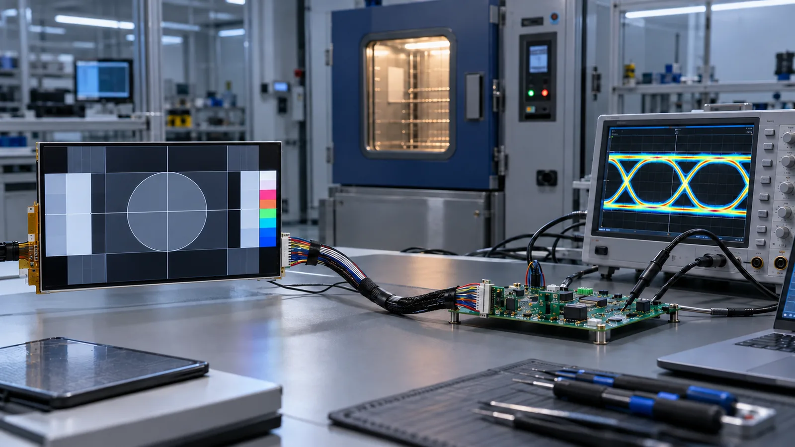 Conceptual industrial TFT LCD cable validation with display test pattern and oscilloscope eye diagram