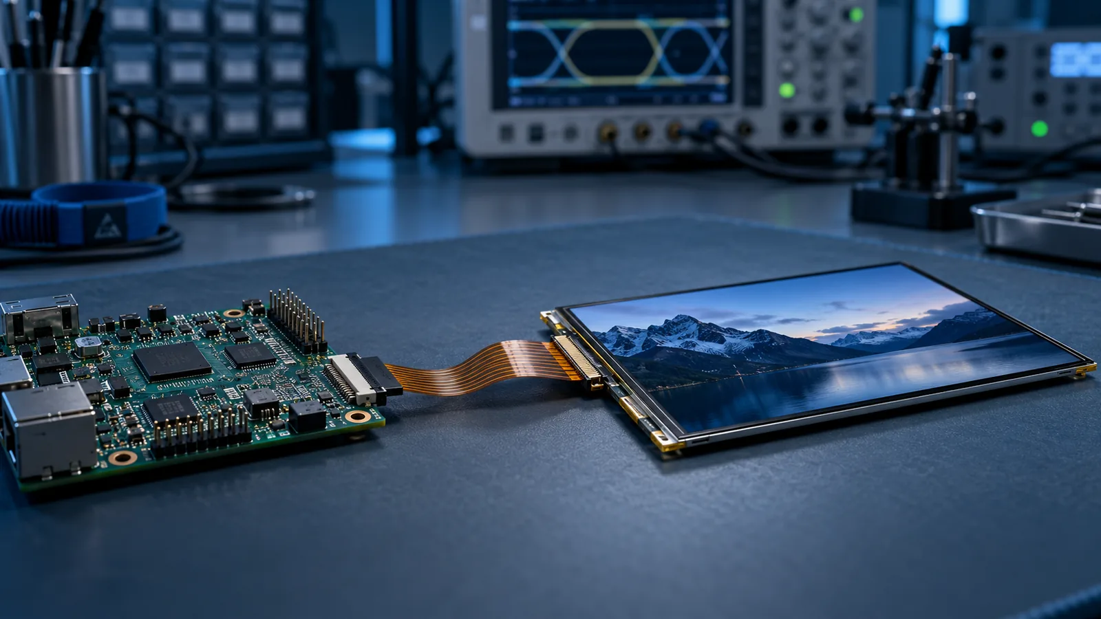 Conceptual industrial TFT LCD connected to an embedded processor through a MIPI DSI link