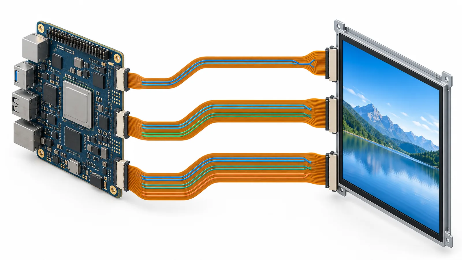 Conceptual comparison of one, two and four MIPI DSI data lanes carrying display payload