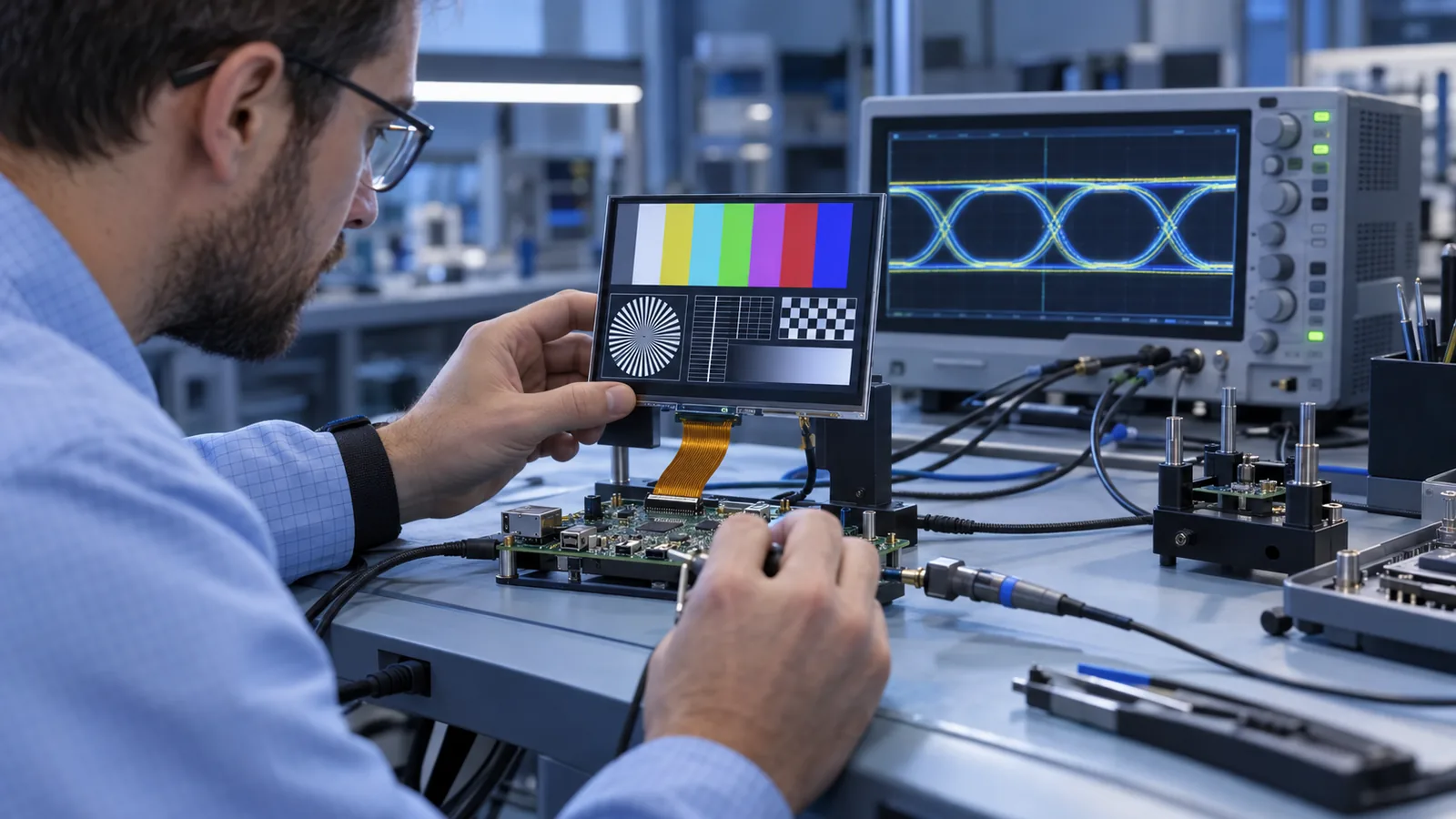 Conceptual MIPI DSI display validation with test pattern, host processor and high-speed measurement equipment