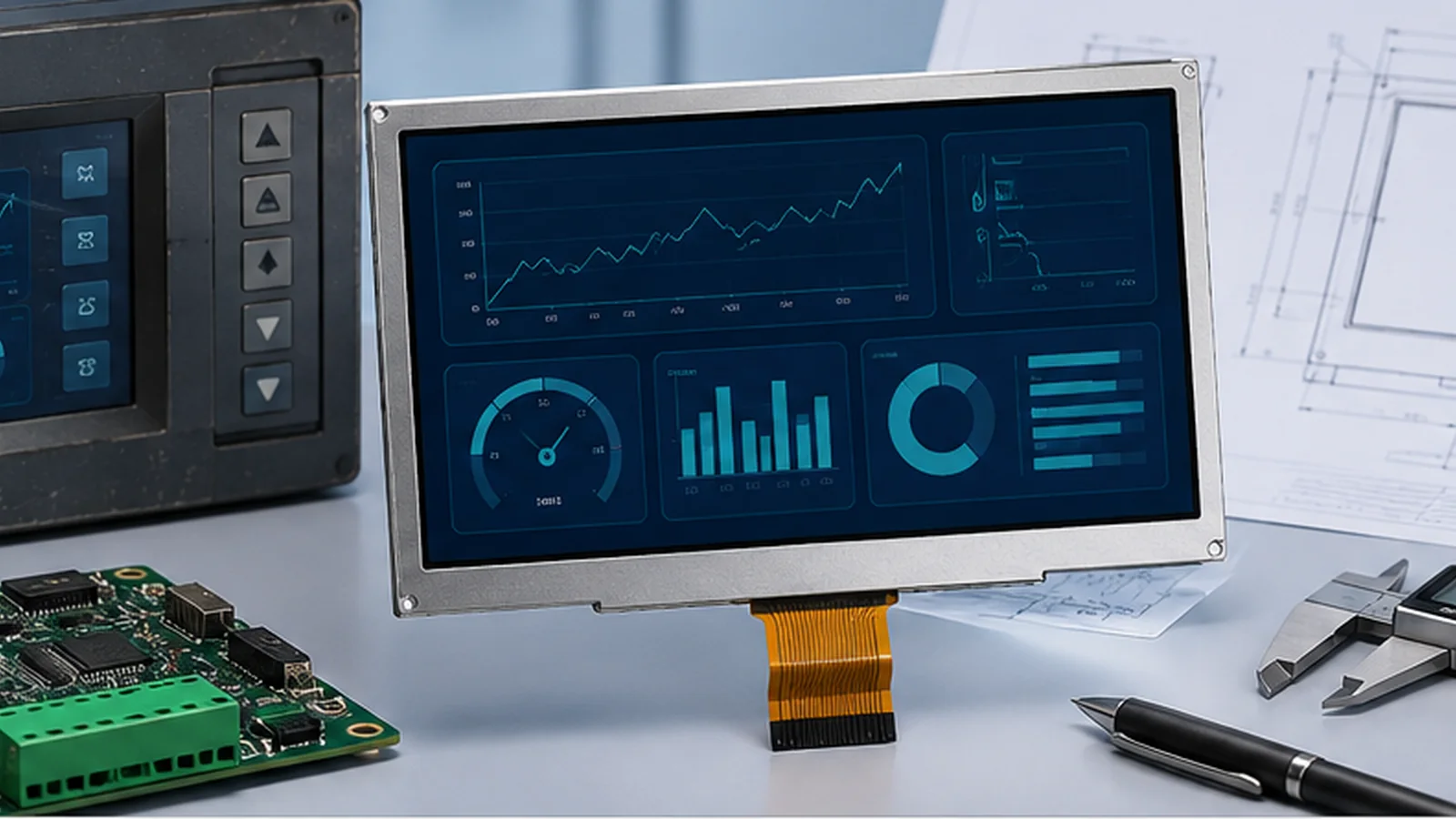 Illustrative obsolete industrial LCD replacement review with display, drawings and tools