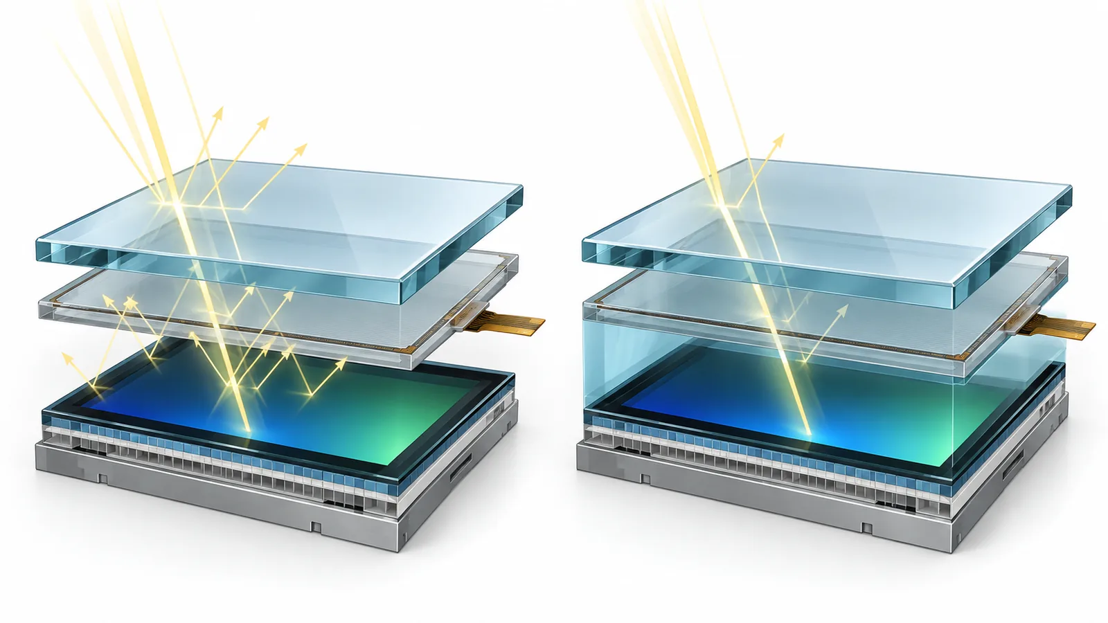 Conceptual cross-section comparing an air-gap TFT LCD stack with an optically bonded display stack