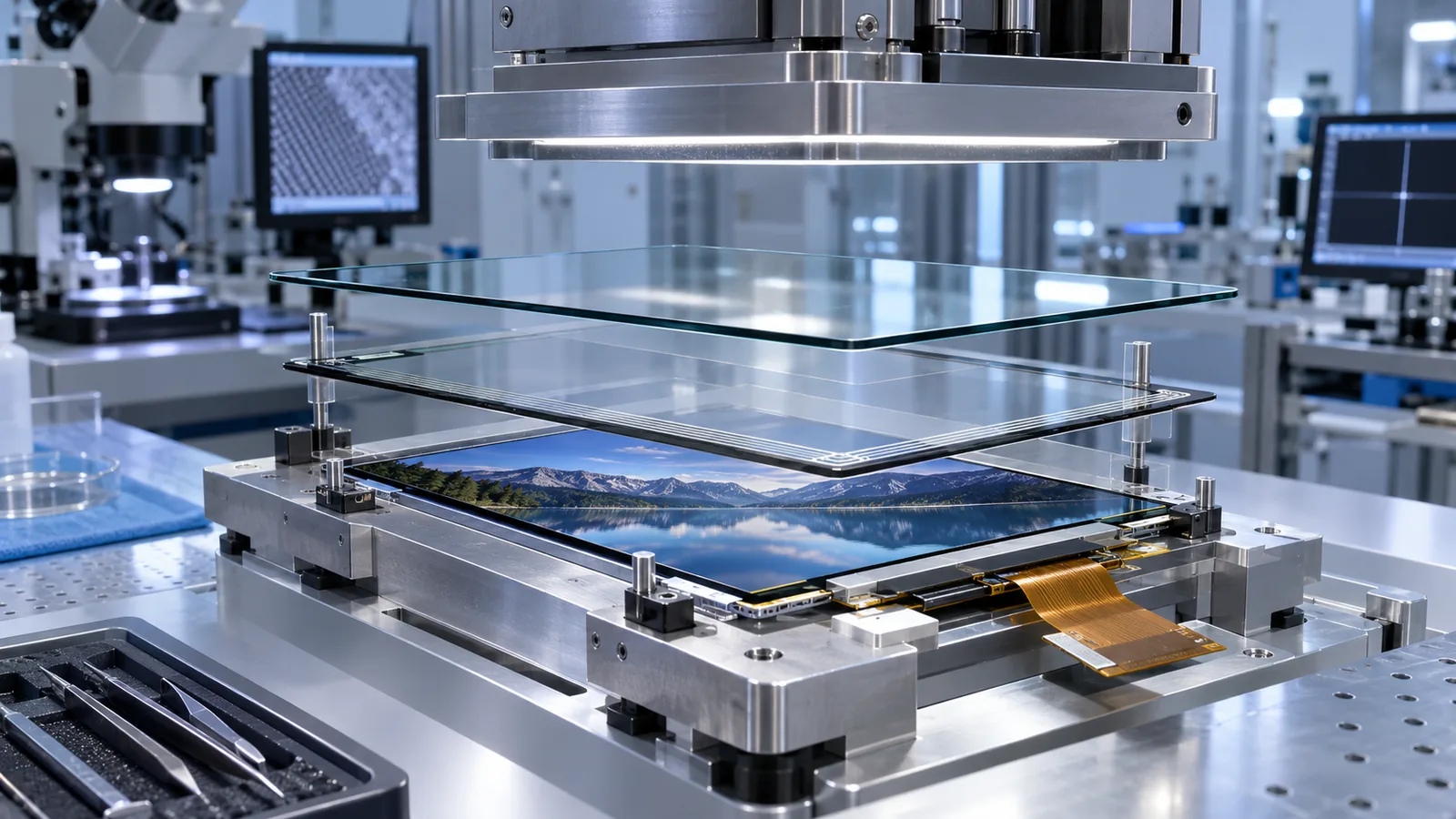 Conceptual industrial TFT LCD, touch panel and cover lens prepared for optical bonding