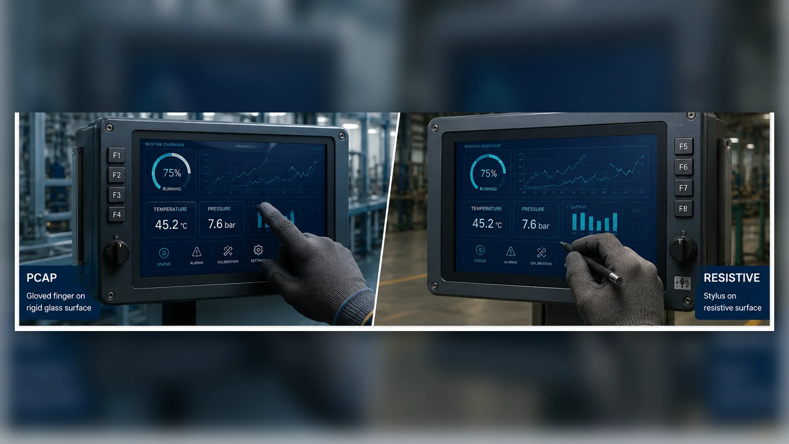 Illustrative industrial HMI comparison of PCAP and resistive touchscreen operation