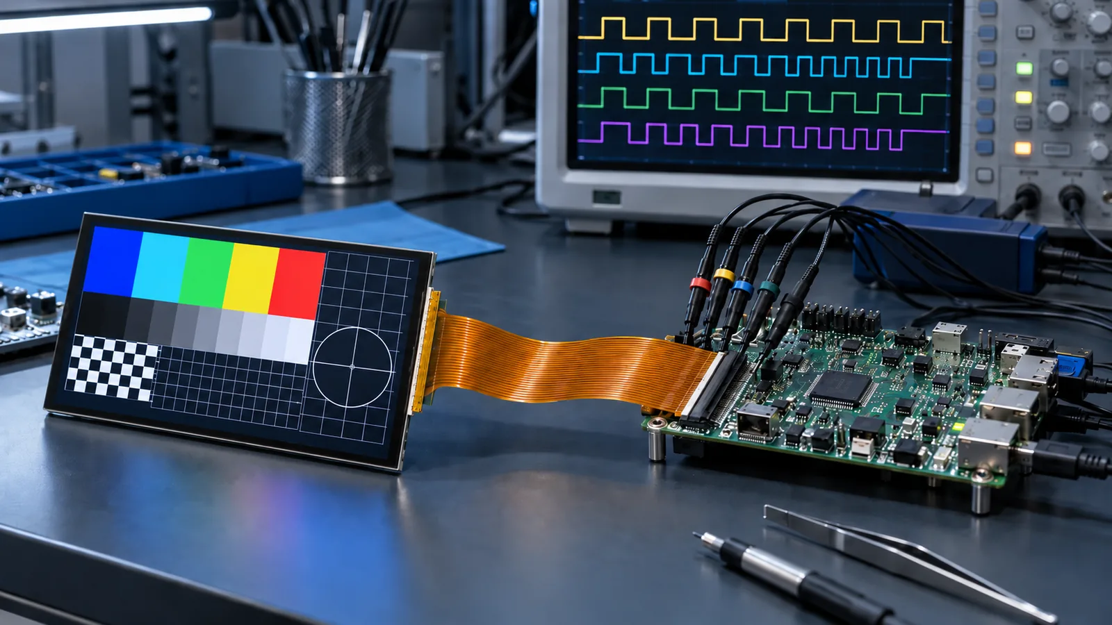 Conceptual RGB TFT LCD timing test bench with parallel FPC and oscilloscope waveforms