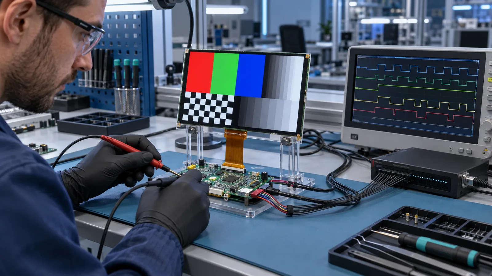 Conceptual engineer validating an RGB TFT LCD test pattern and timing signals with an oscilloscope