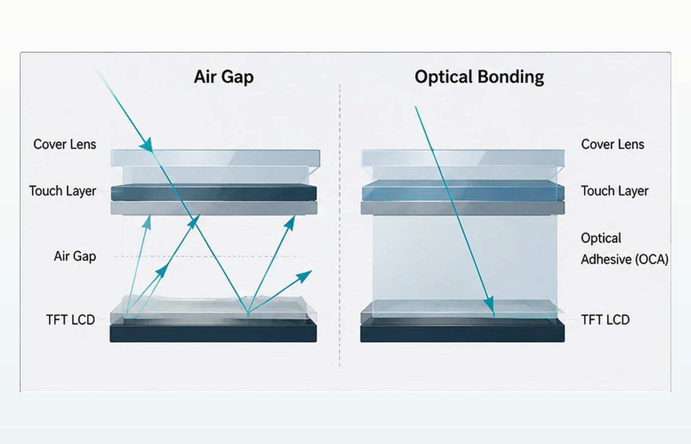 Diagram comparing reflected light paths in an air-gap touch stack and an optically bonded TFT LCD stack