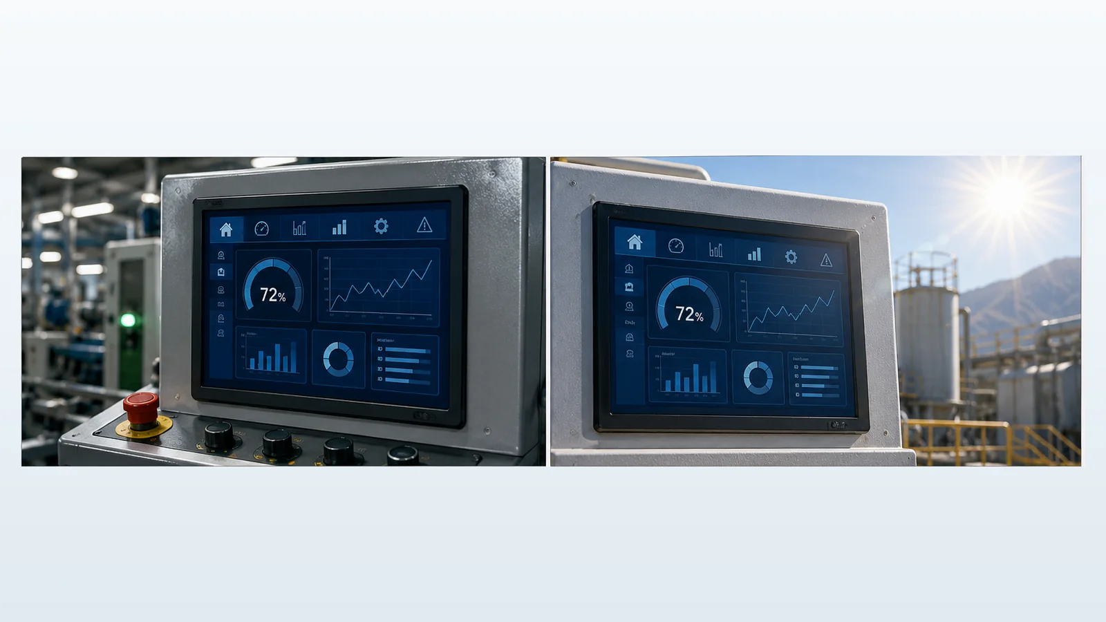Illustrative industrial HMI display comparison indoors and in bright outdoor light