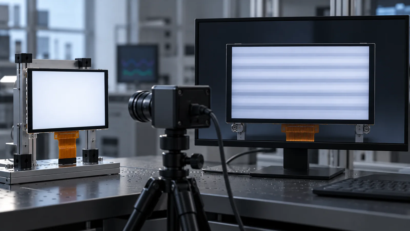 A camera pointed at a generic display, with its viewfinder showing dark horizontal bands while the display looks normal to the eye