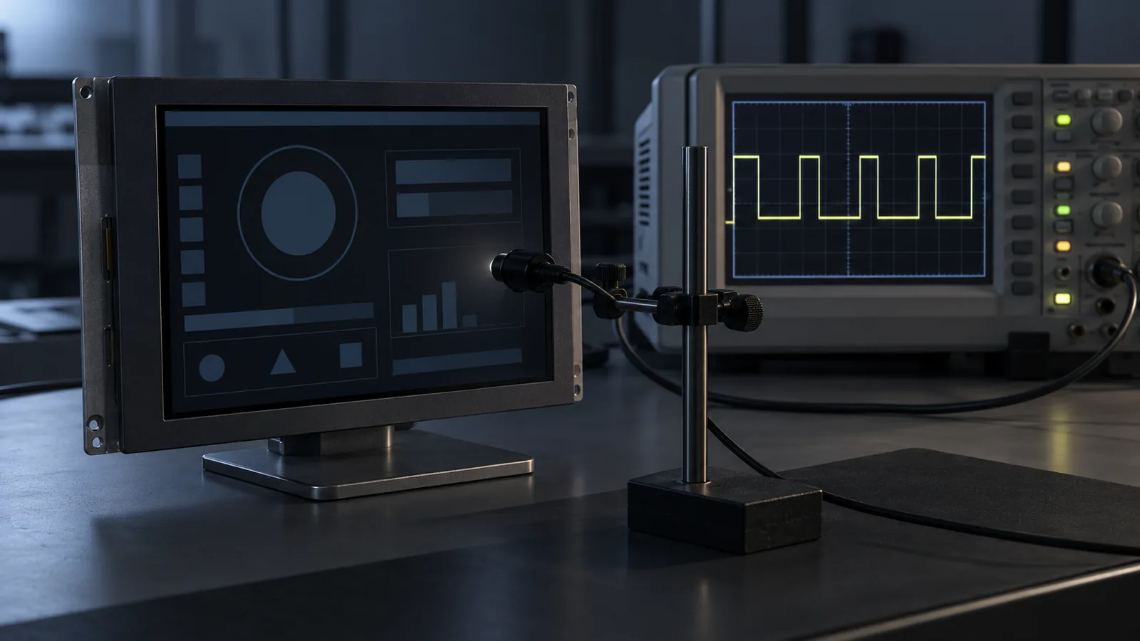 Engineering bench with a TFT LCD at low brightness, a photodiode probe on the screen and an oscilloscope showing a pulsed waveform