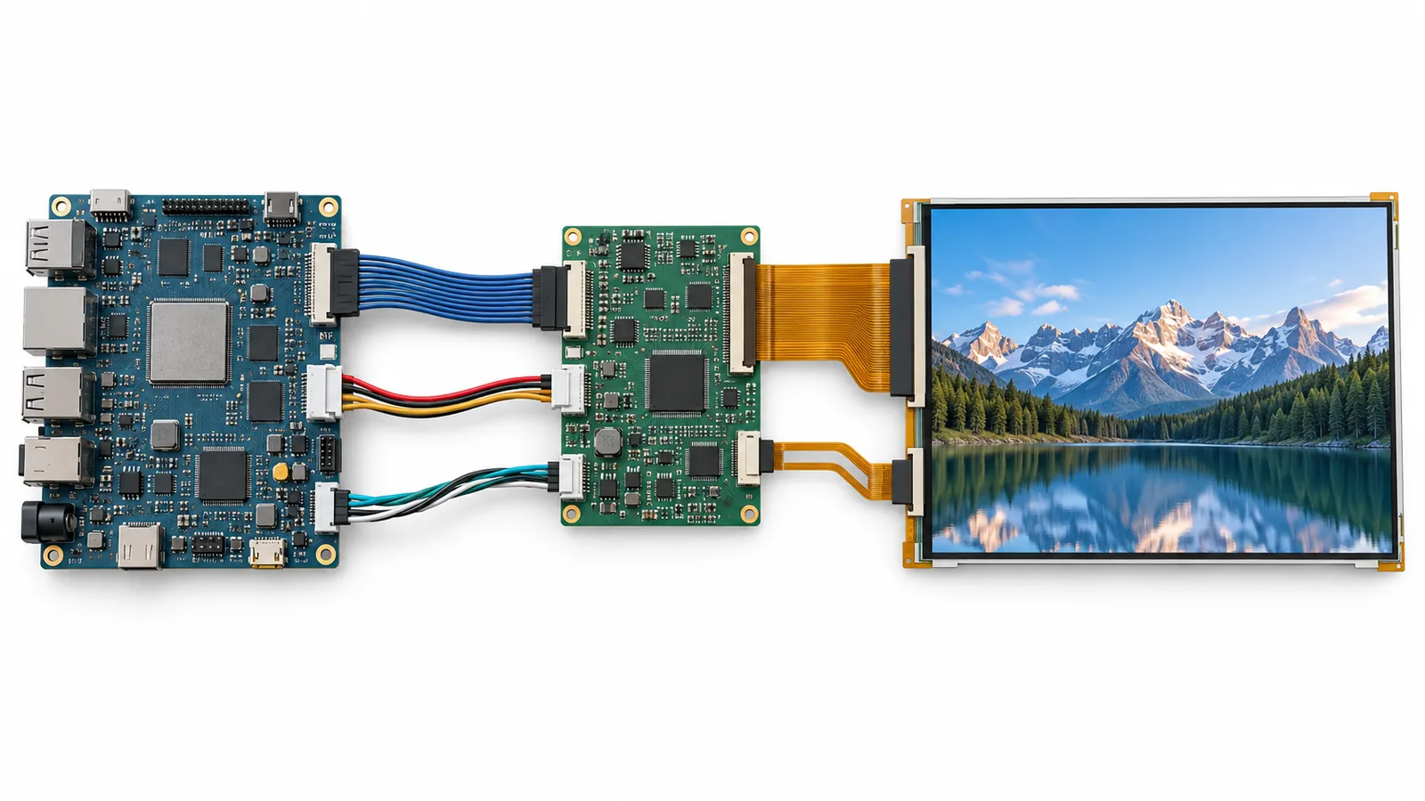 Conceptual signal path from host input through a TFT controller board to panel data, backlight and touch connections