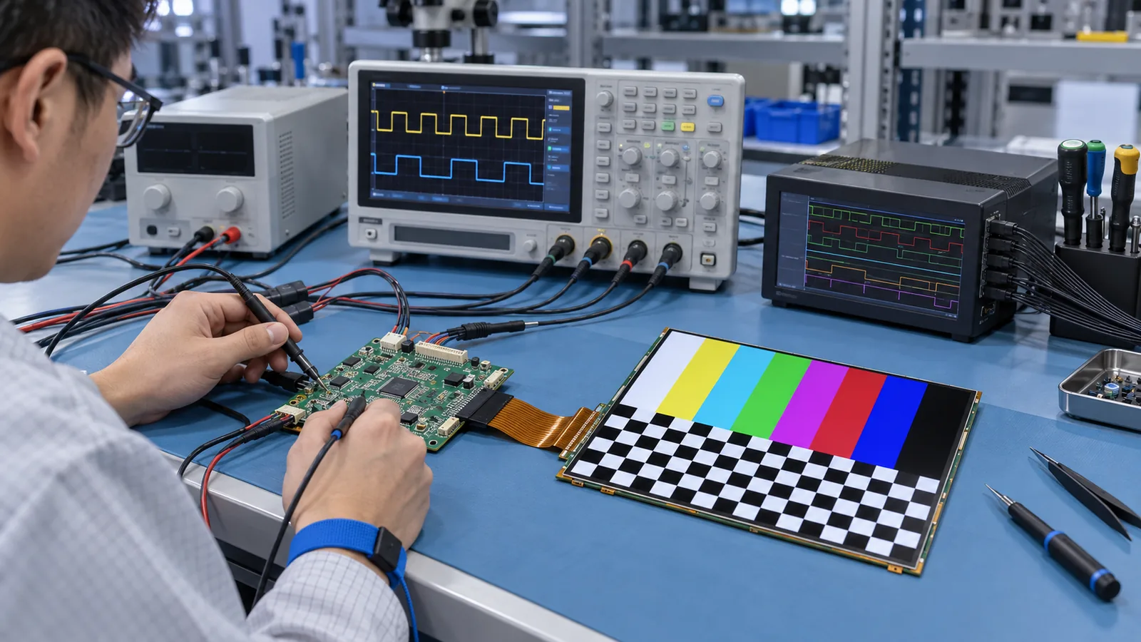Conceptual controller-board validation bench with industrial TFT test pattern, oscilloscope and power measurements