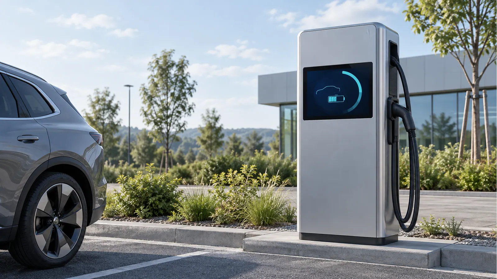 Illustrative outdoor EV-charger front panel with a generic TFT display