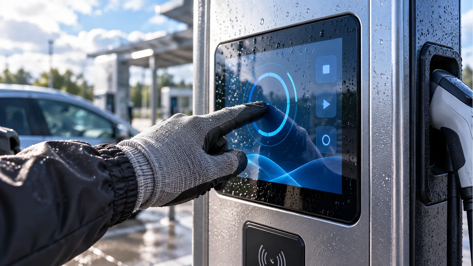 Illustrative EV-charger touch-panel review with gloves and surface droplets