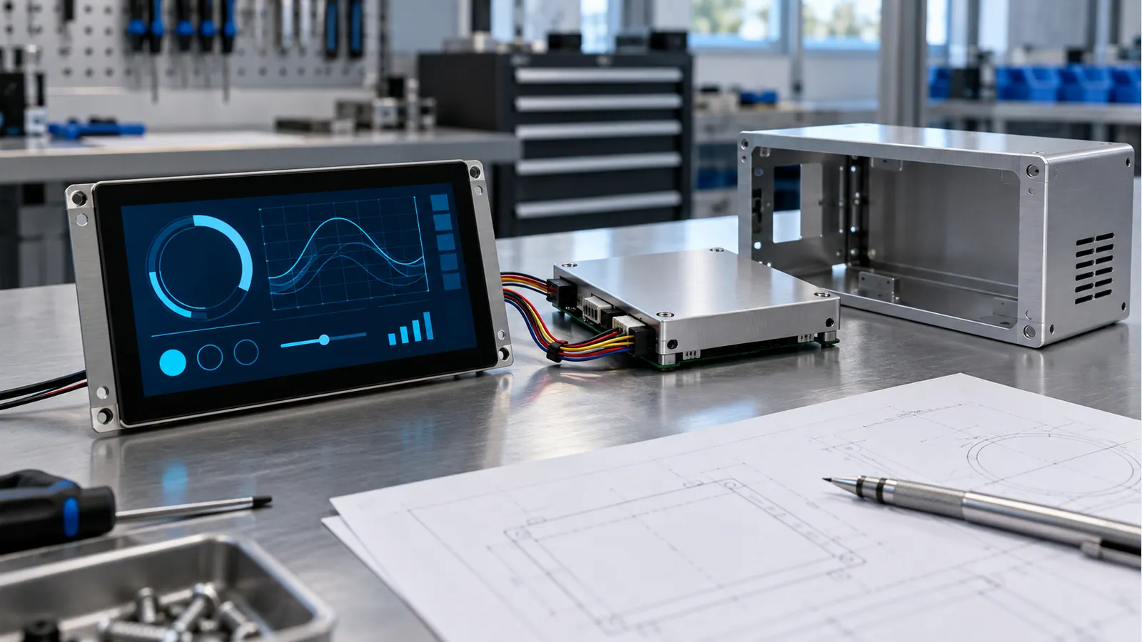Illustrative charger front-panel and host-interface review bench