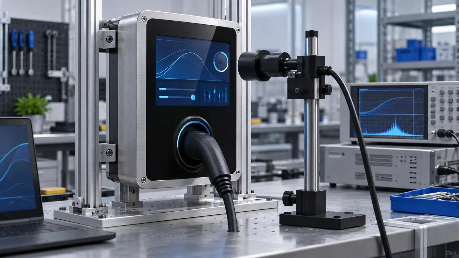 Illustrative EV-charger front-panel validation with optical and functional equipment