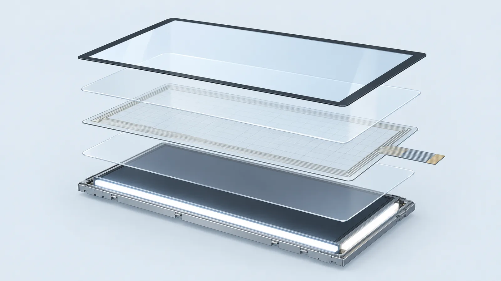 Conceptual cross-section of a cleanable medical front stack with cover glass, optical bonding layer, PCAP touch sensor and TFT module