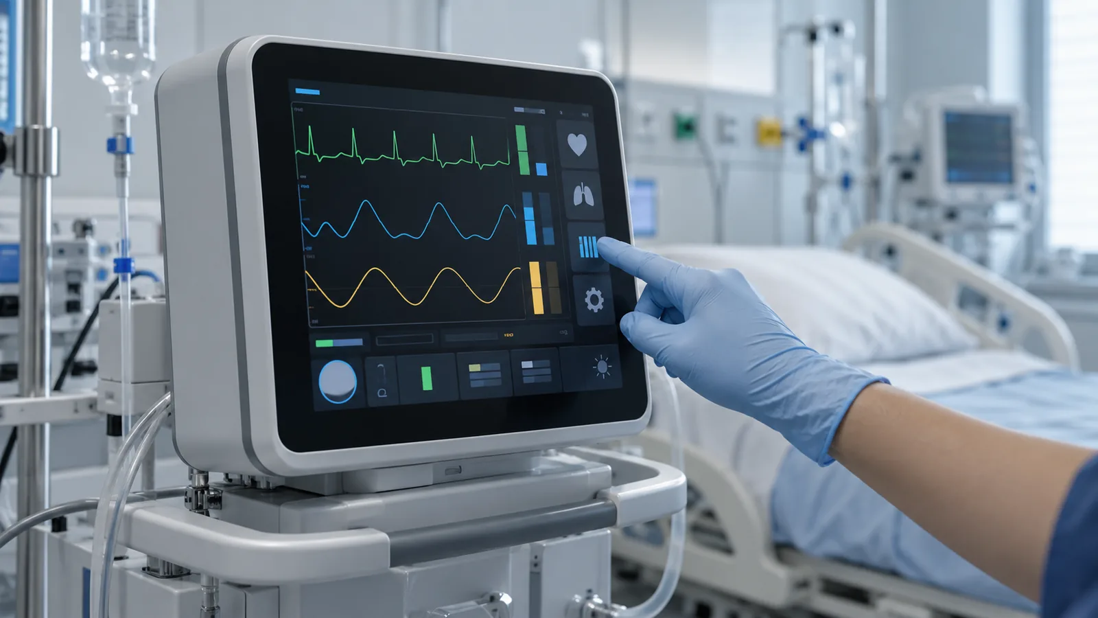Illustrative bedside medical device with a generic touchscreen display operated with a gloved hand