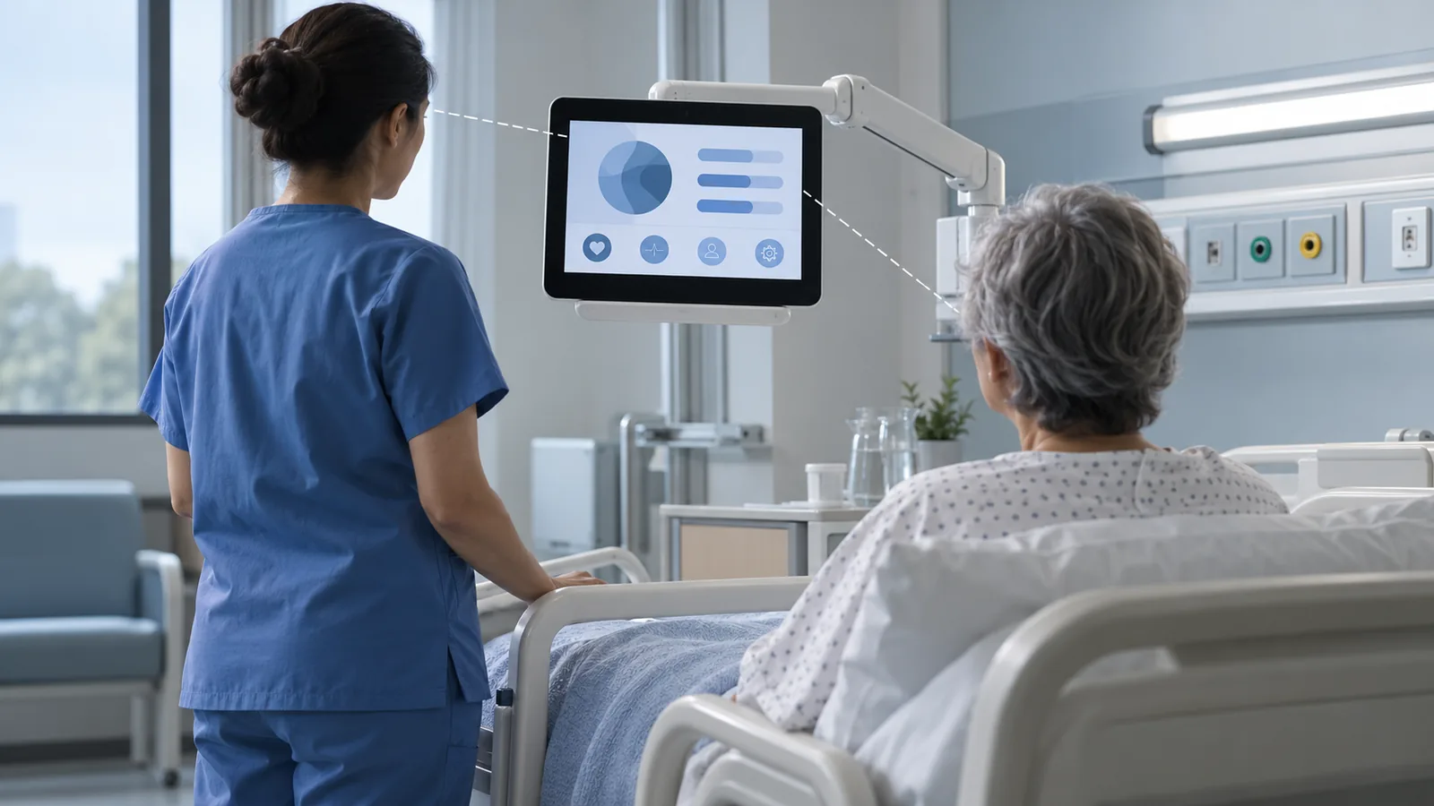 Illustrative ward scene with two people reading the same generic device display from different standing and seated positions