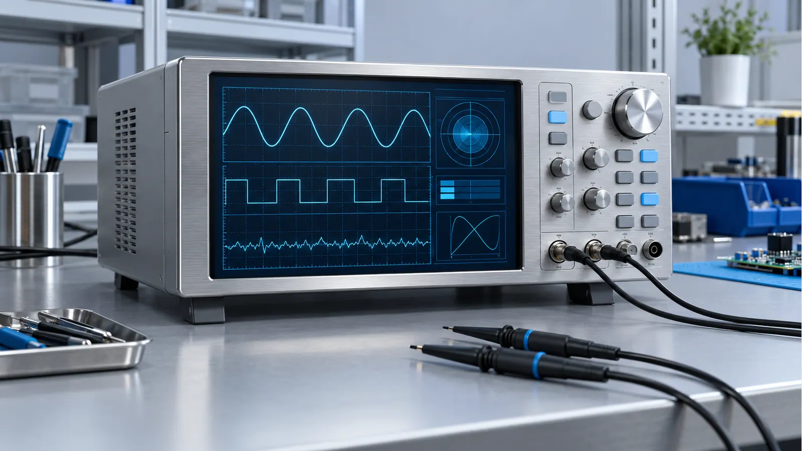 Illustrative unbranded test instrument with a generic TFT trace display