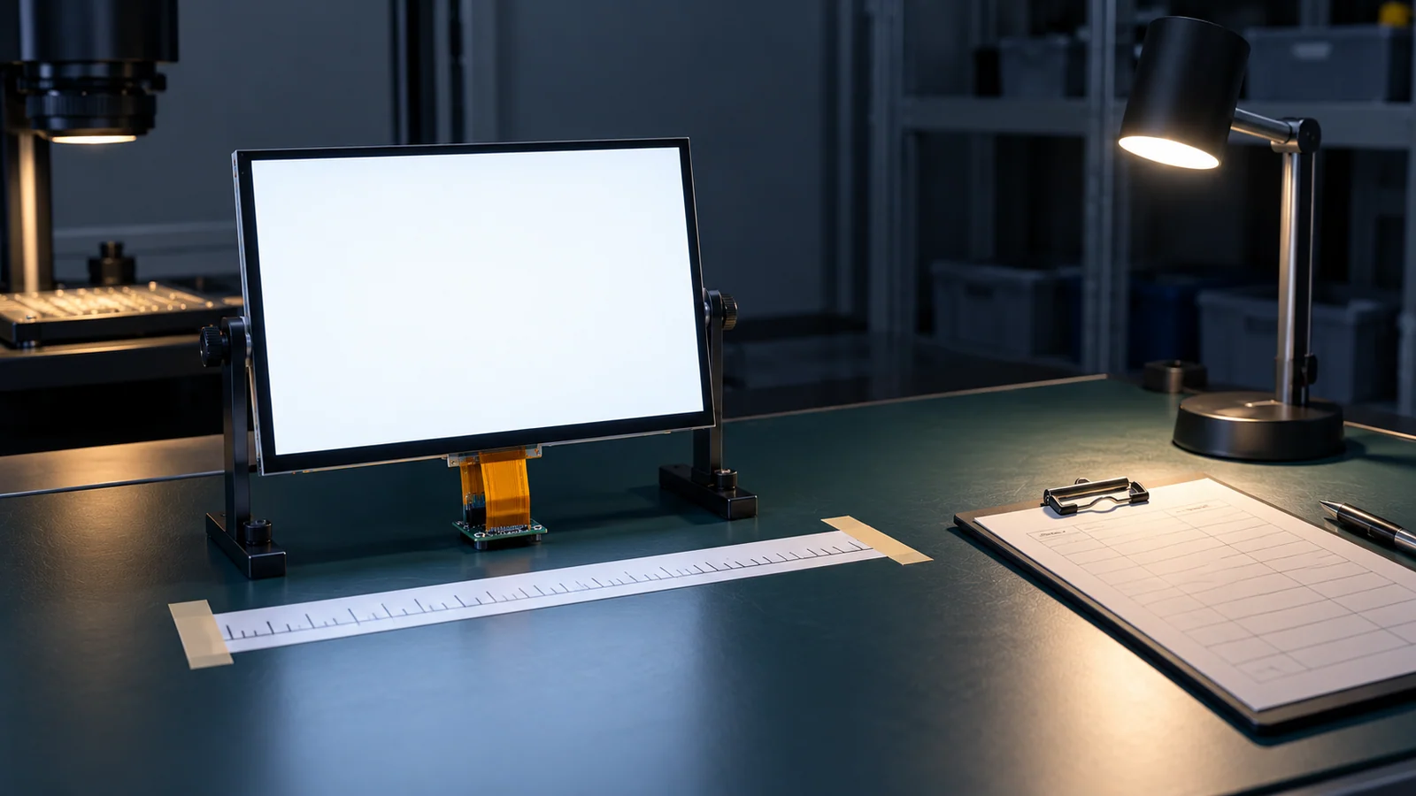 Illustrative white-screen TFT LCD inspection bench with a distance marker and blank record form