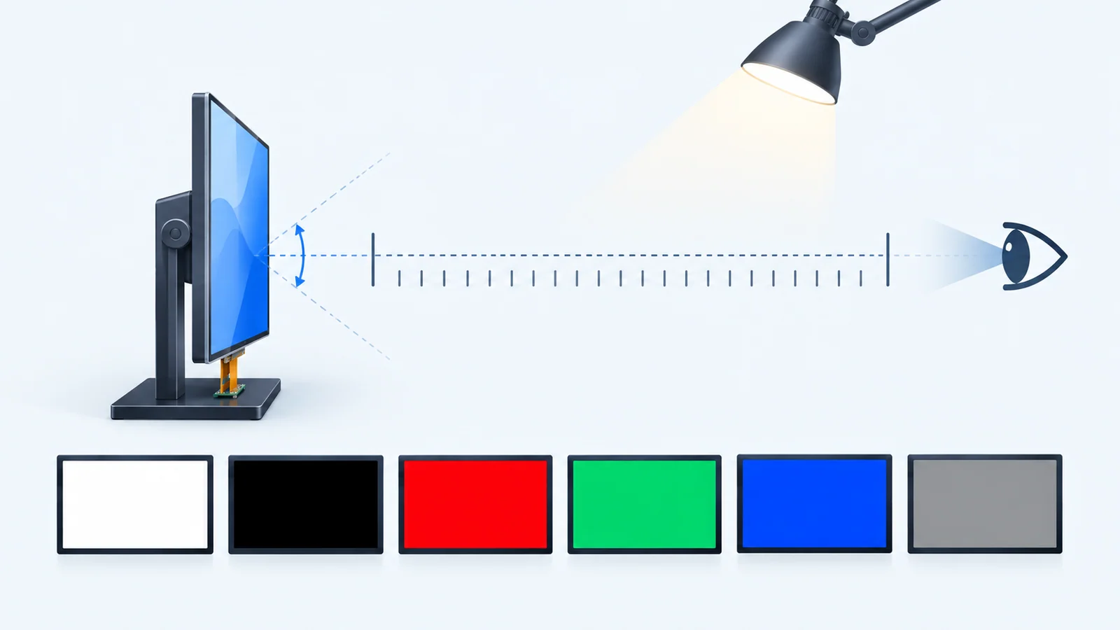 Conceptual inspection geometry showing viewing distance, angle and light with white, black, RGB and gray test-image icons