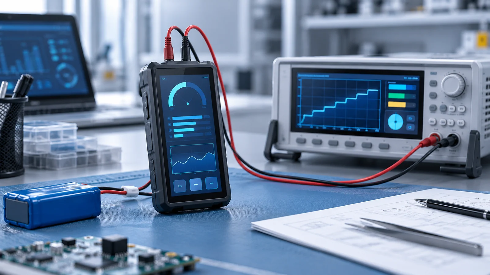 Illustrative battery-powered handheld instrument beside power measurement equipment