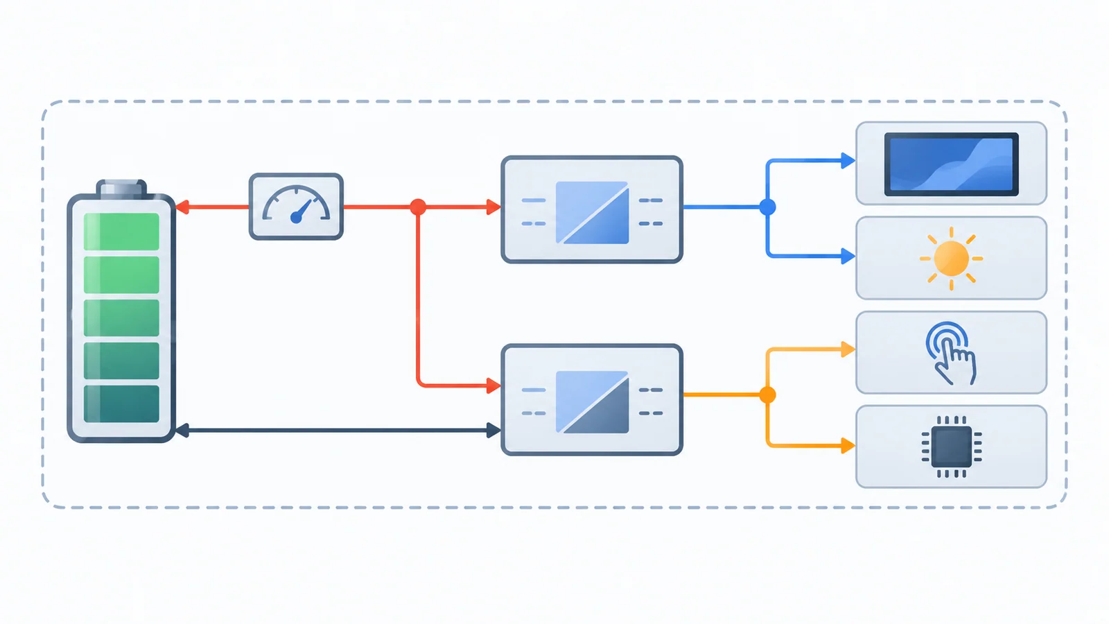 Block diagram of a battery feeding converters and rails to LCD logic, backlight driver, touch controller and host, with a dashed boundary drawn at the battery terminals