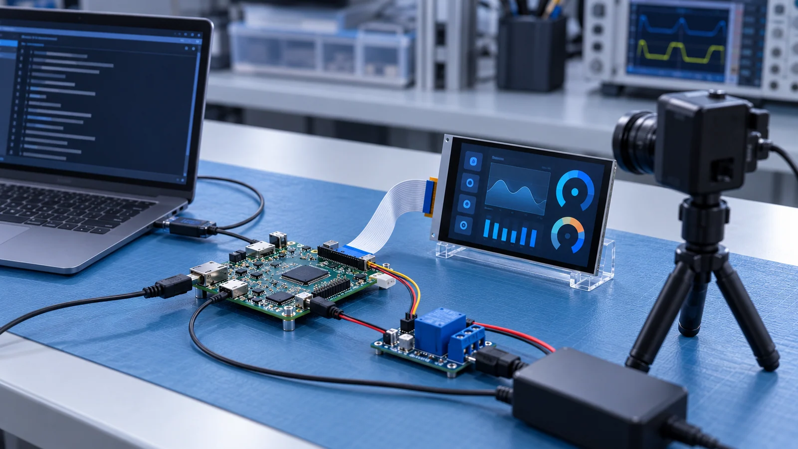 Bench setup with an embedded board on a relay power switch, a serial adapter cable and a camera on a tripod recording a lit display