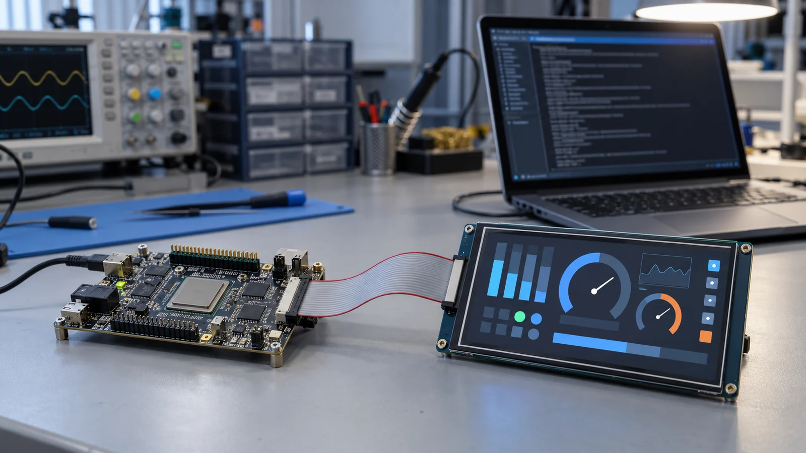 Illustrative embedded board, TFT display and laptop console for host integration