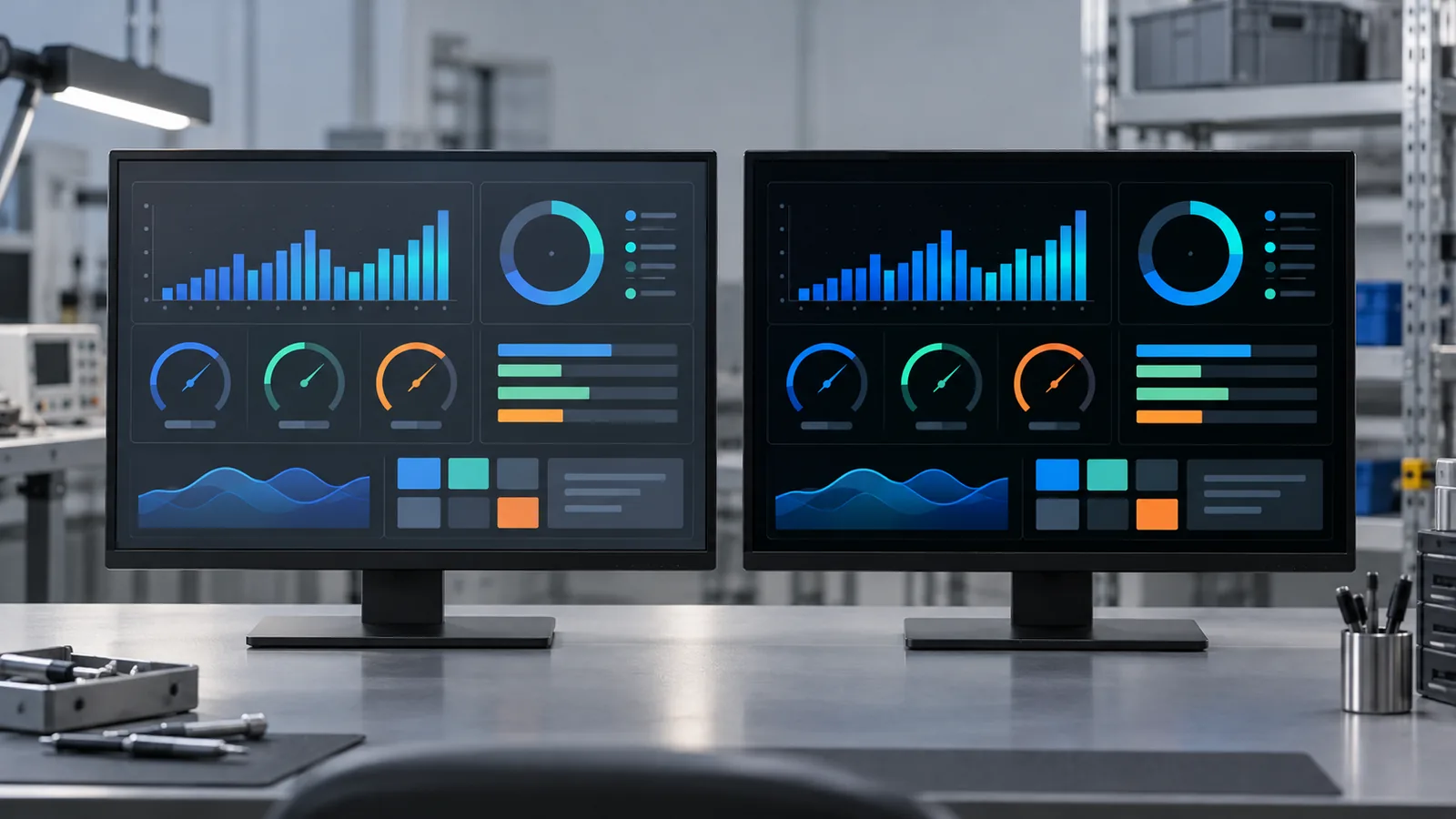 Two generic industrial displays on an engineering bench showing the same dark dashboard, one TFT LCD and one OLED