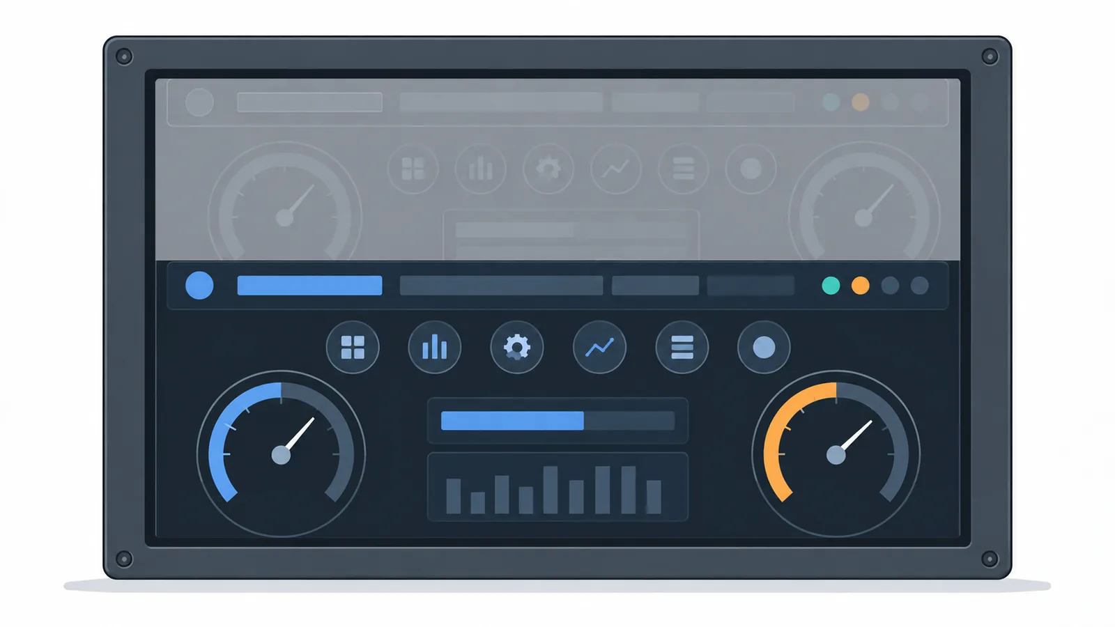 Conceptual dark industrial dashboard with fixed icons and a status bar, and faint ghost outlines of the static elements