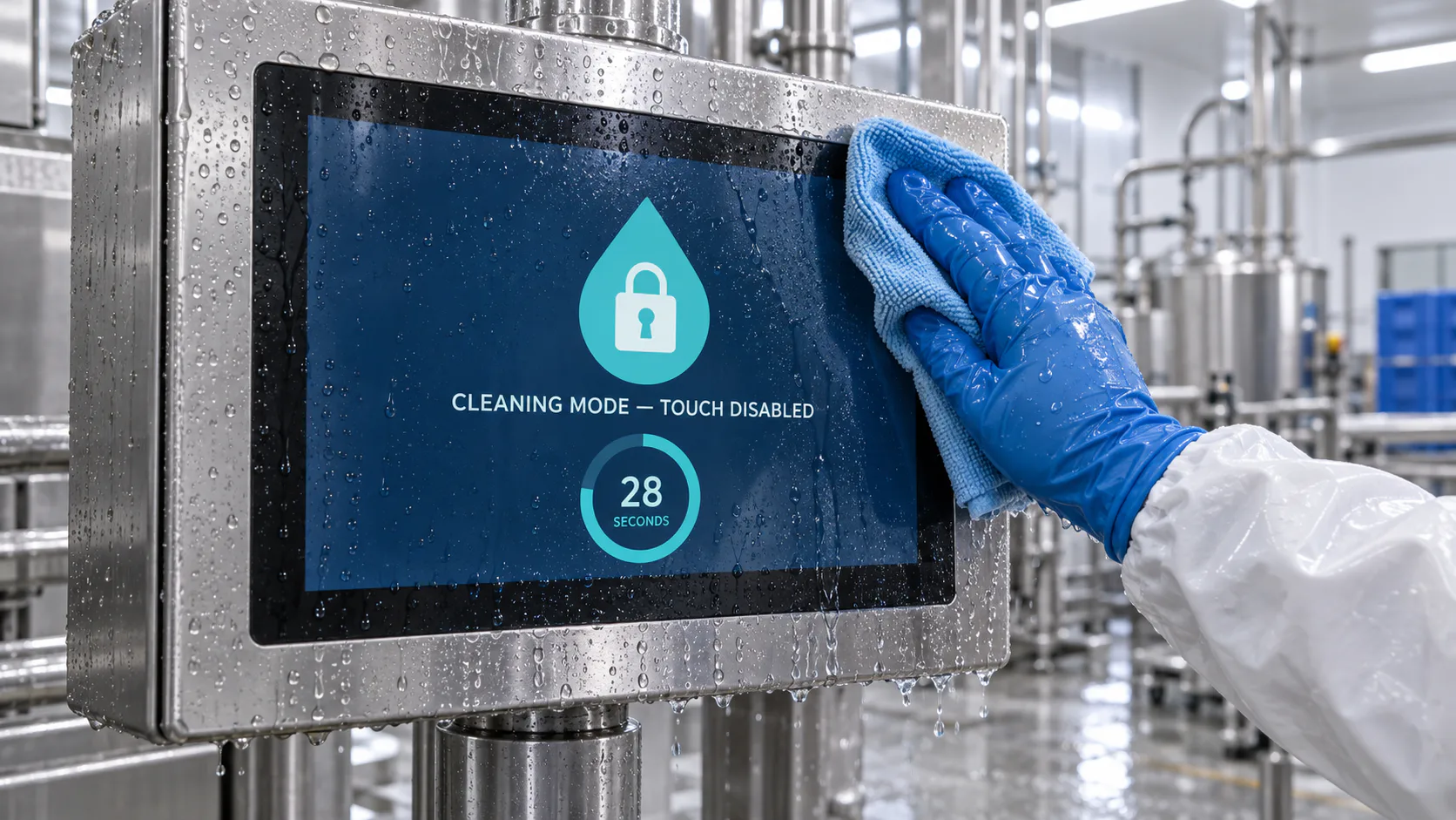 Illustrative wet HMI in cleaning mode with touch disabled while the screen is wiped