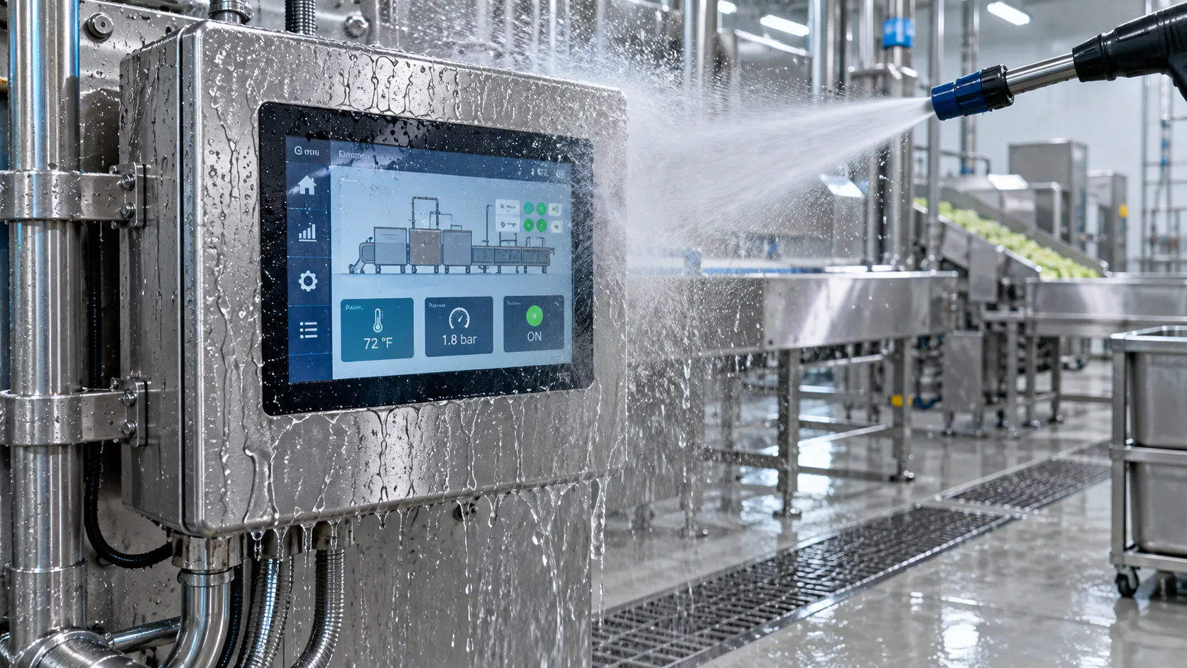 Illustrative washdown HMI enclosure under a water-spray test
