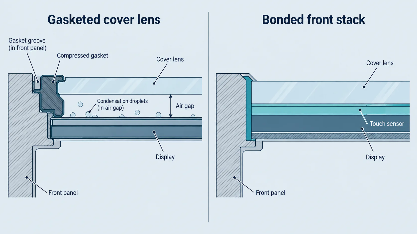 Illustrative comparison of gasketed cover lens and bonded front-stack sealing concepts
