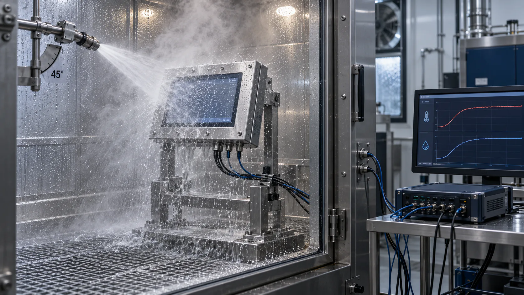 Illustrative water-spray validation setup for a sealed HMI enclosure