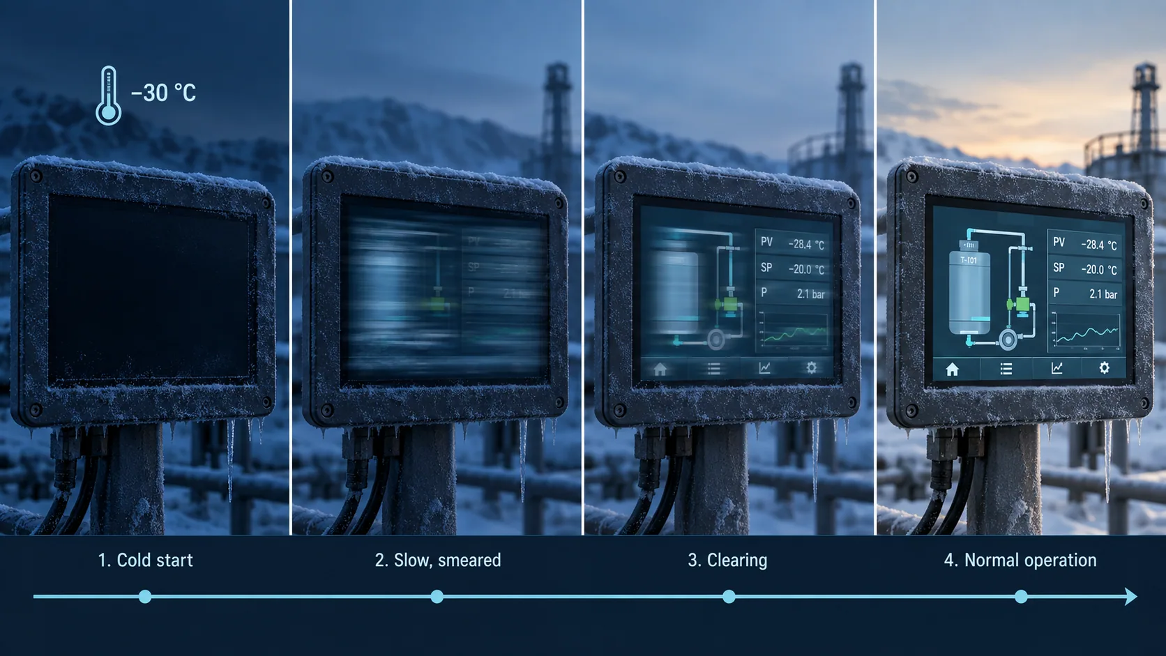 Illustrative cold-start sequence of an industrial TFT LCD from a dark screen to a clear image