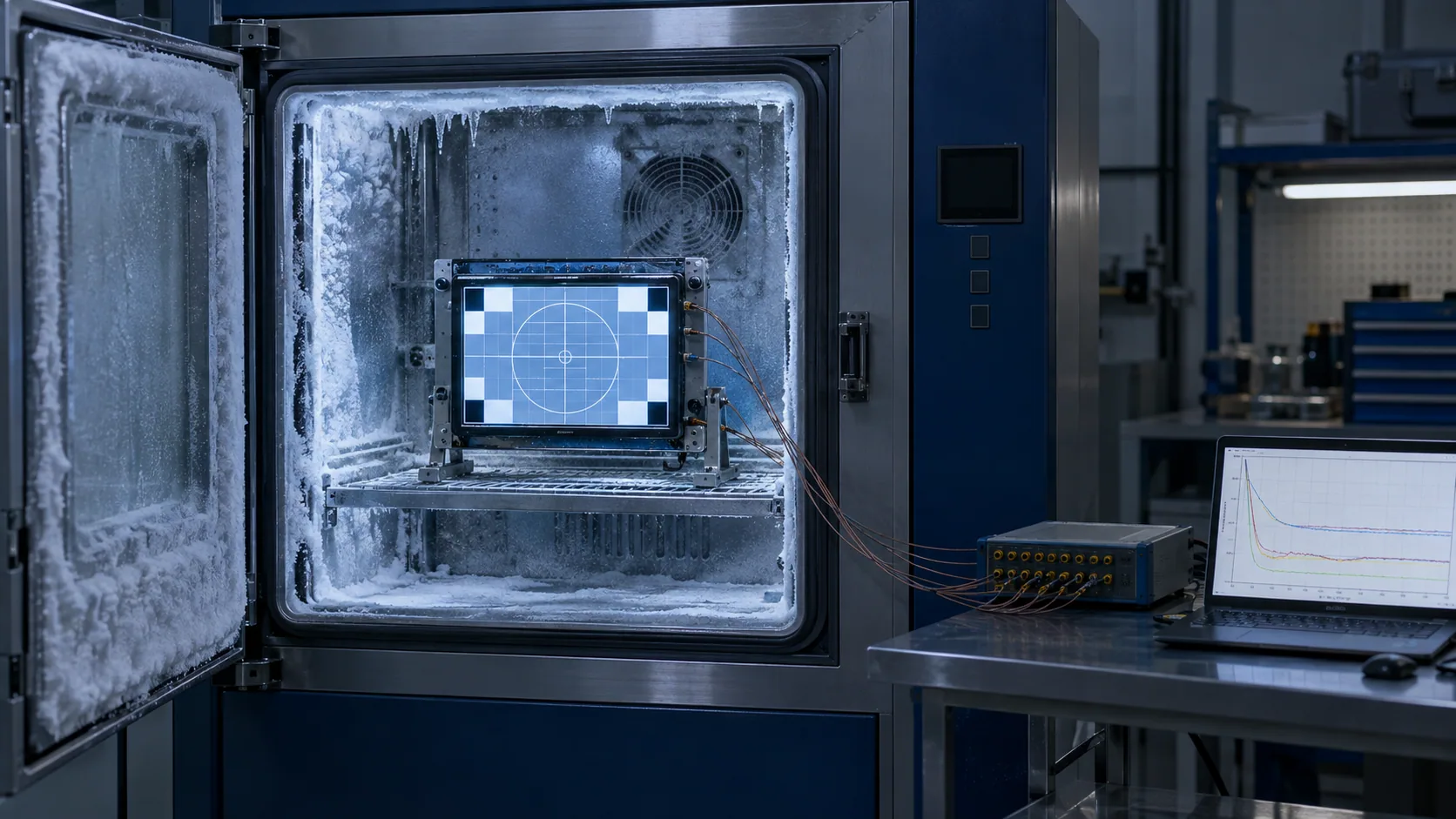 Illustrative industrial TFT LCD module inside a cold environmental test chamber