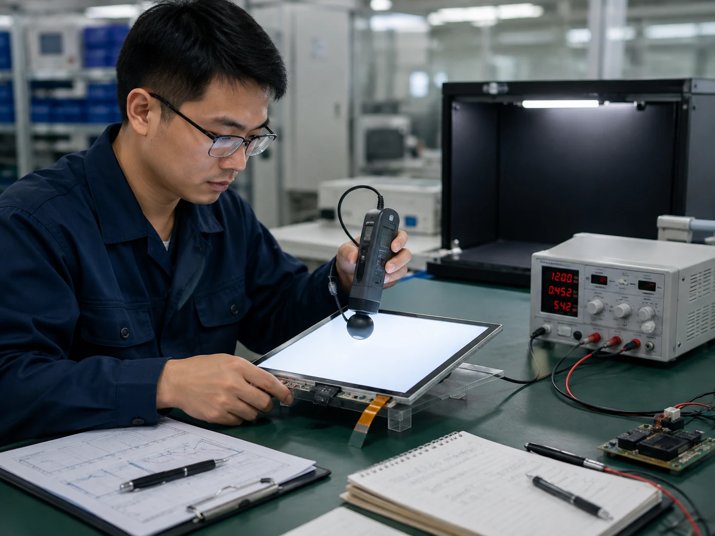 Engineer measuring the brightness and backlight performance of an LCD module