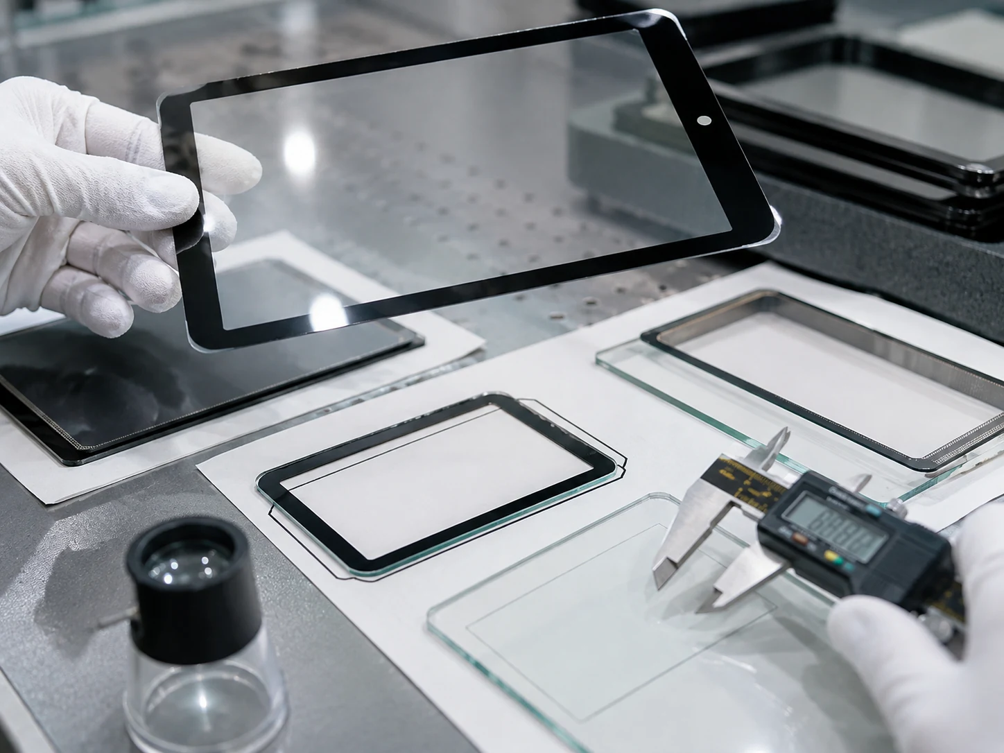 Technician inspecting custom cover glass dimensions and finish