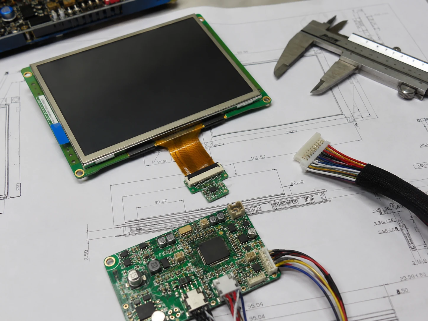 Driver board, FPC cable and TFT module laid out for engineering review